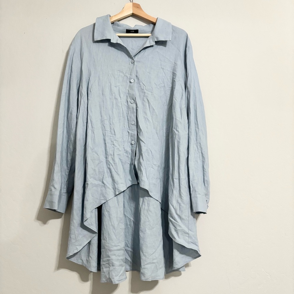 RUTI Sky Blue Linen Blend Oversized Button Down Tunic